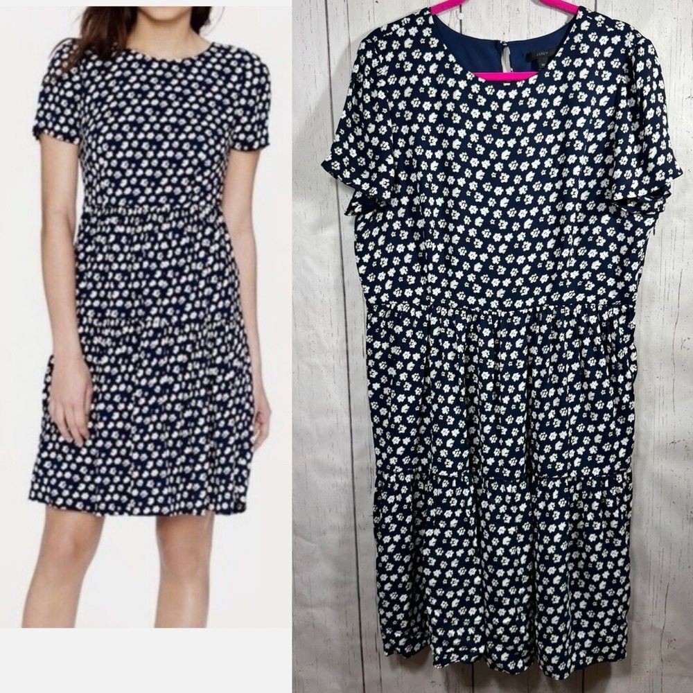 J.Crew Floral Tiered Mini Dress Navy White Cottagecore Feminine Soft Girl Preppy
